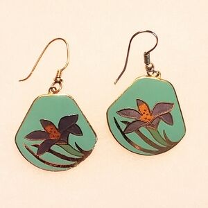 VTG Laurel Burch Floral Green, Blue, Orange Earrings